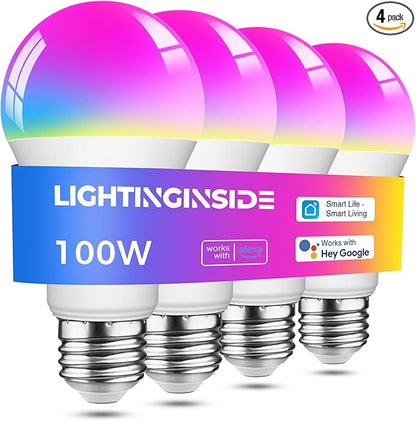 Lightinginside Smart Light Bulbs 100W Equiv., 1350LM 11W Smart Bulb Works with Alexa/Google Home/SmartLife, A19 E26 RGBCW Color Changing, No Hub Required, 2.4G WiFi Light Bulbs, ETL Listed, 4PCS