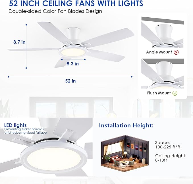 BYKISTOK 52In Flush Mount Ceiling Fans with Lights - White Low ProfileCeiling Fan with Remote/APP, Reversible, 3CCT Dimmable, Modern Fan Light for Indoor Living Room, Outdoor Covered Patios