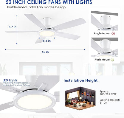 BYKISTOK 52In Flush Mount Ceiling Fans with Lights - White Low ProfileCeiling Fan with Remote/APP, Reversible, 3CCT Dimmable, Modern Fan Light for Indoor Living Room, Outdoor Covered Patios