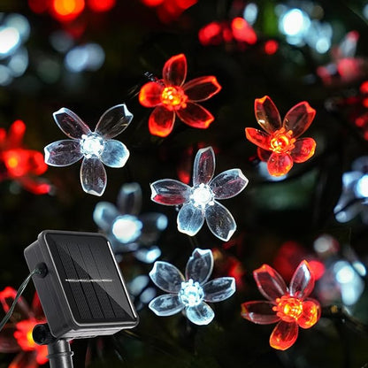 60 LED Solar String Lights Outdoor Waterproof Flower Fairy Lights for Garden Fence Patio Yard Christmas Tree Lawn Wedding Party Decor, Red and Pure White