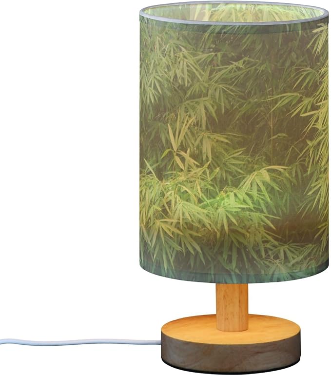 Green Bamboo Field Forest Botanical Print Table Lamp with Wood Base Fabric Lamp Shade Bedside Nightstand Desk Lamp for Living Room Bedroom Kids Room Office
