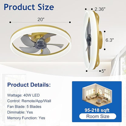 DLLT LED Ceiling Fan with Light: 20" Modern Low Profile Flush Mount Fandelier with App & Remote Control - Dimmable Gold Bladeless Fan Light Fixture for Bedroom Kids Room Living Room