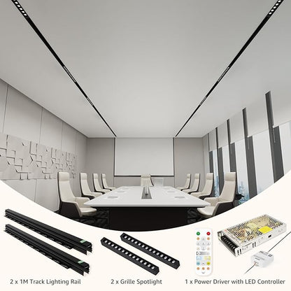 Track Lighting Rail Kit, 2PCS Magnetic Track Lighting Rail, 2PCS 15W Grille Spotlight Magnetic Track Head, 1PCS 200W Low Voltage LED Power Driver, Complete Track Lighting kit for Living Room