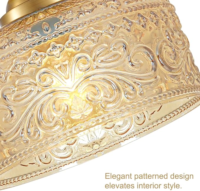Daunton Small Semi Flush Mount Ceiling Light Fixture, Vintage Gold Close to Ceiling Lighting with Amber Etched Glass Shade for Hallway, Kitchen, Entryway (Retro Design, Easy Install)