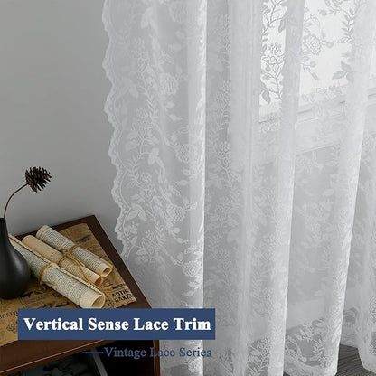 FINECITY White Lace Curtains 108 Inch Long, Vintage Country Floral Sheer Lace Curtains for Bedroom, Rod Pocket Privacy Scalloped Sheer Window Curtain, 52 x 108 Inch, 2 Panels, White