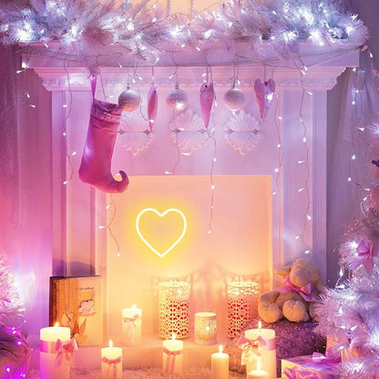 LED Light Neon Sign Room Decor - Yellow Night Light for Valentines Day - Hanging USB/Battery Operated Heart Lights for Window (Warm White)