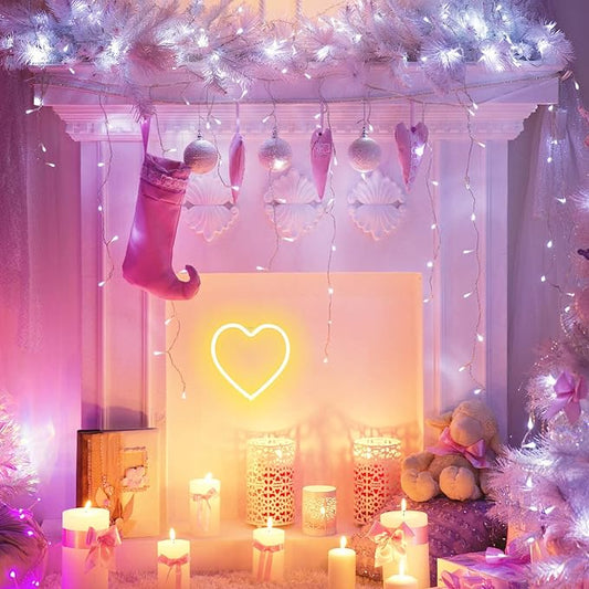 LED Light Neon Sign Room Decor - Yellow Night Light for Valentines Day - Hanging USB/Battery Operated Heart Lights for Window (Warm White)