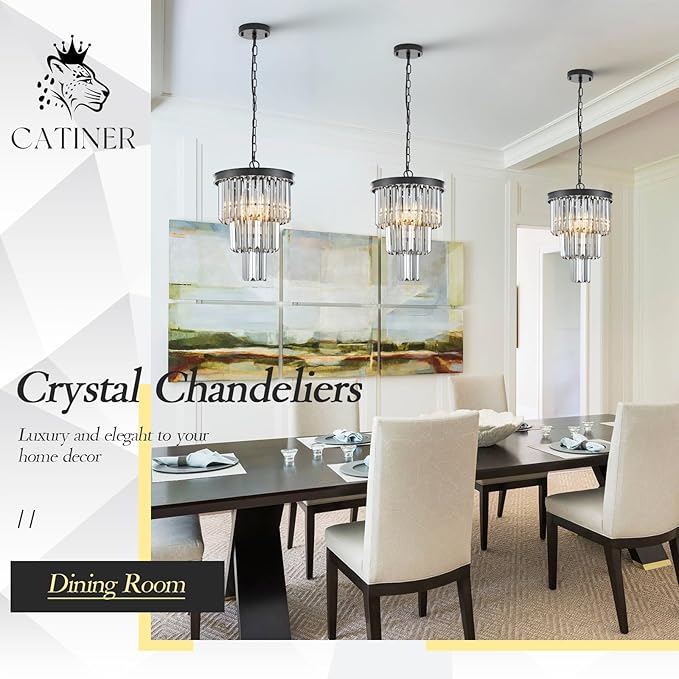 CATINER 3 Tiers Black Crystal Pendant Light, Mini Smoke Gray K9 Crystal Chandelier Modern Pendant Light Fixture for Kitchen Island Dining Room Hallway Bedroom Closet