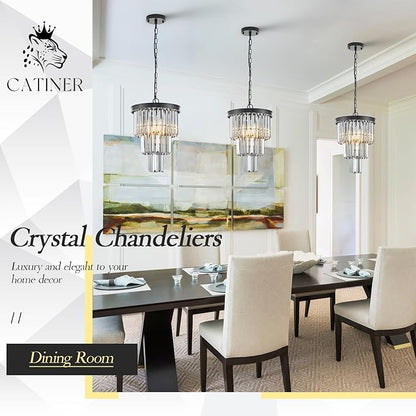 CATINER 3 Tiers Black Crystal Pendant Light, Mini Smoke Gray K9 Crystal Chandelier Modern Pendant Light Fixture for Kitchen Island Dining Room Hallway Bedroom Closet