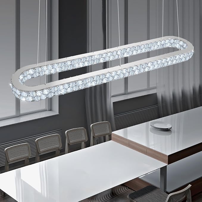 59'' Modern Oval Chandelier Crystal Chandeliers for Dining Room Round Ceiling Light Fixture for Living Room Lighting LED Dimmable with Remote Ring Lights Silver