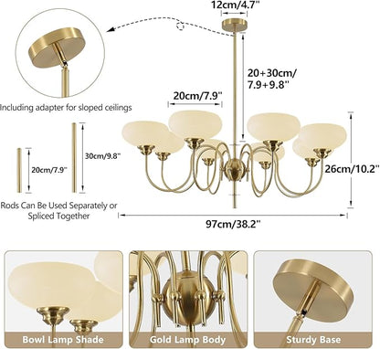 BOKT French Chandelier 8-Lights Large Dining Room Gold Chandelier with Milk White Bowl Glass Lampshade Modern Living Room Adjustable Rod Semi Flush Ceiling Sputnik Chandelier Light Fixtures