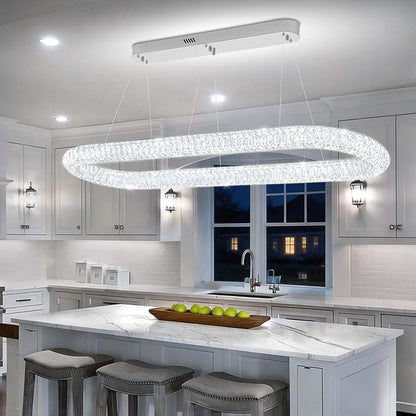 Crystal Ring Chandelier for Living Room, Modern Linear Oval Chandeliers for Dining Room 47.2'' Chrome Ring Pendant Light for Kitchen Island Dimmable 3000K-6000K