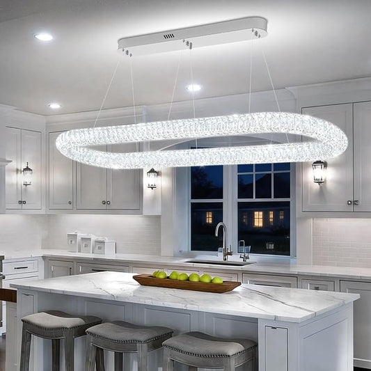 Crystal Ring Chandelier for Living Room, Modern Linear Oval Chandeliers for Dining Room 47.2'' Chrome Ring Pendant Light for Kitchen Island Dimmable 3000K-6000K