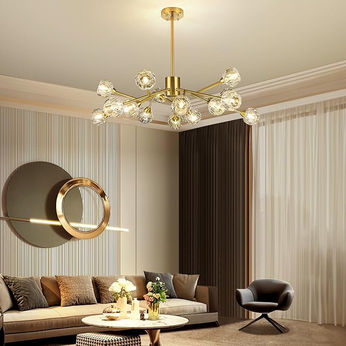 Weesalife Sputnik Chandeliers for Dining Room Light Fixtures,Modern Crystal Chandeliers for Living Room,15 Lights Gold Mid Century Brass Lighting Fixtures for Kitchen Island Bedroom Entryway