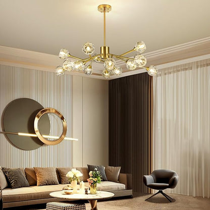 Weesalife Sputnik Chandeliers for Dining Room Light Fixtures,Modern Crystal Chandeliers for Living Room,15 Lights Gold Mid Century Brass Lighting Fixtures for Kitchen Island Bedroom Entryway