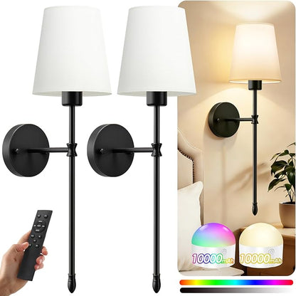 OCATO Battery Operated Wall Sconce: 10000mAh Wireless Wall Sconces Set of Two Rechargeable Lamp Dimmable Magnetic Lights with 7 RGB Colors and Remote Walls Decor for Bedroom Living Room Hallway