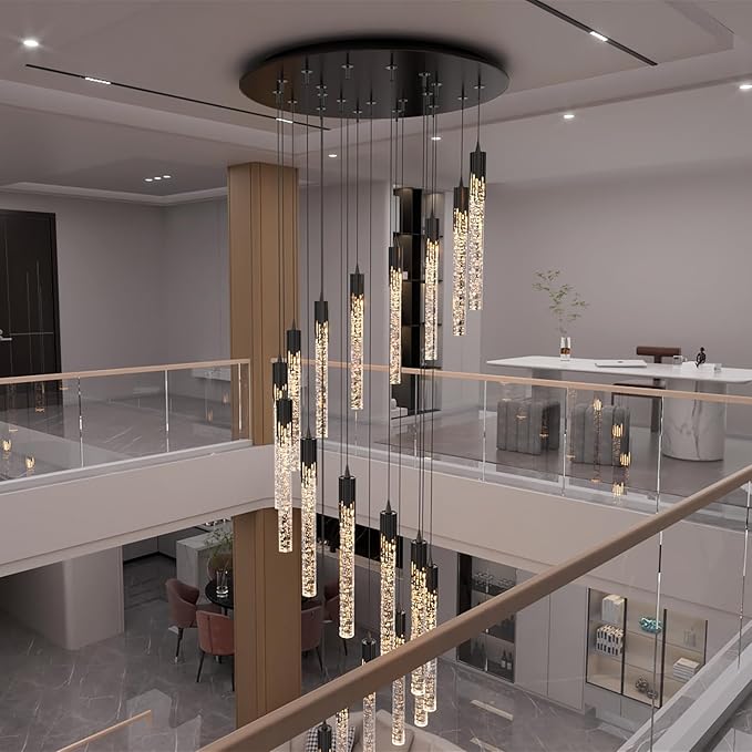 Flashing God Black 20 Lights High Ceiling Chandelier Modern Dimmable Light Fixtures Foyer Chandeliers Pendant Lighting Crystal Ceiling Chandelier Fixtures for Villa Staircase Hallway 11.5feet Long