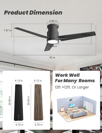 CJOY Ceiling Fan with Lights, 52 Inch Low Profile Ceiling Fans with Light and Remote, Reversible DC, Flush Mount, 3CCT，Dimmable, Modern Indoor/Outdoor Design for Bedroom, Living Room, Patio, Kitchen