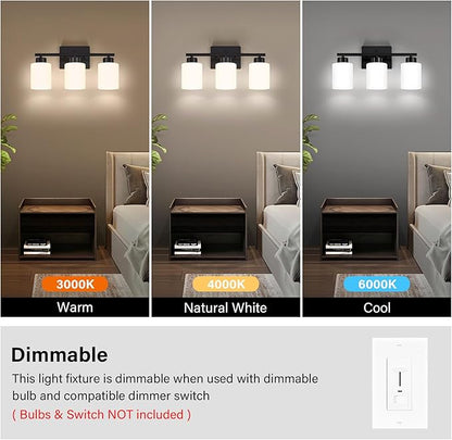 FonmYim Black Bathroom Light Fixtures, 3-Light Modern Vanity Light Over Mirror, Wall Sconces with Milky White Frosted Glass Shades, E26 Socket (Bulbs Not Included)