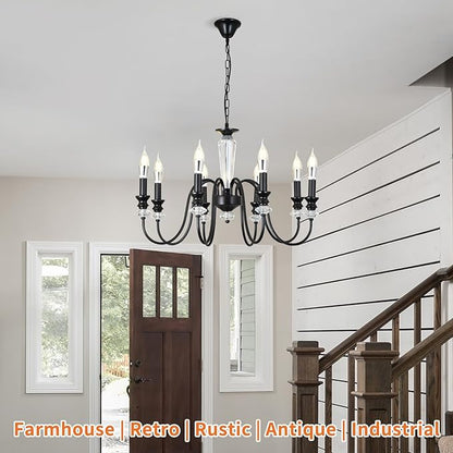 Black Chandelier, 8-Light Farmhouse Candle Chandelier for Living Room, Rustic Industrial Pendant Chandeliers for Dining Room, Vintage Crystal Hanging Light fixture for Hallway Kitchen Foyer E12