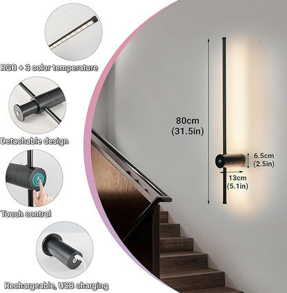 31.5 inch Battery Operated Wall Sconce Set Of 2, 10000mAh Rechargeable Wall Light With Remote Control, RGB Dimmable Wireless Sconces Wall Decor For Bedroom Living room Hallway, 360°Rotate, Black