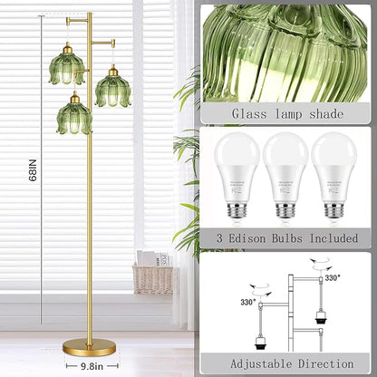 ZECOXOL Vintage Floor Lamps for Living Room Bedroom-3 Light Glass Floor Lamp with Three Led Bulb, Modern Mid Century Standing Lamp Brass Tall Lamp Gold Tree Floor Lamp for Bedroom Corner