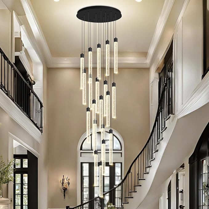 138'' Long Crystal Column Chandelier Extra Large Black Staircase High Ceiling Chandelier 20-Lights Dimmable Led Pendant Lighting Foyer Entryway Light Source is Replaceable