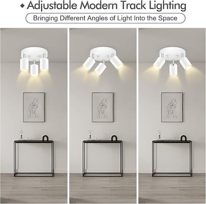 3 Light Track Lighting Fixtures Ceiling, Matte White Round Directional Ceiling Spotlight, GU10 Flush Mount Track Fixture, Adjustable Modern LED track Lights for Kitchen/Living Room, Bulb Not Included