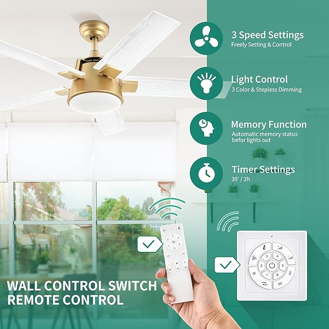 YITAHOME Ceiling Fan with Light and Wall Switch Remote, 52 Inch Modern Gold White Fan, Quiet Reversible Motor, Dimmable LED Color, Memory Function for Bedroom Living Room Patio Indoor