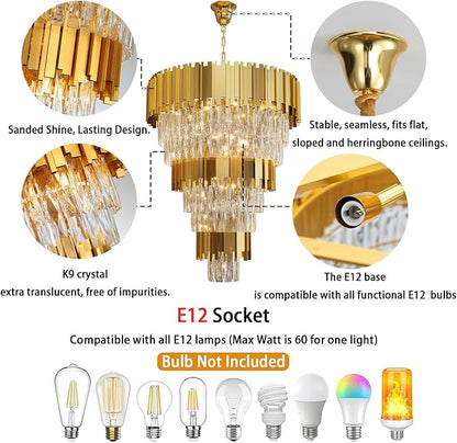Modern Tier Crystal Chandelier for High Ceiling Luxury 8-Tier Round Chandeliers 11-Light Large Gold Crystal Chandelier for Entryway Adjustable Height D24in