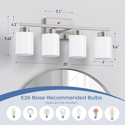 PARTPHONER 4-Light Brushed Nickel Bathroom Light Fixtures, Modern Vanity Light Over Mirror Lighting, Wall Sconce with Frosted Milky White Glass Shades for Bedroom Living Room Kitchen Hallway