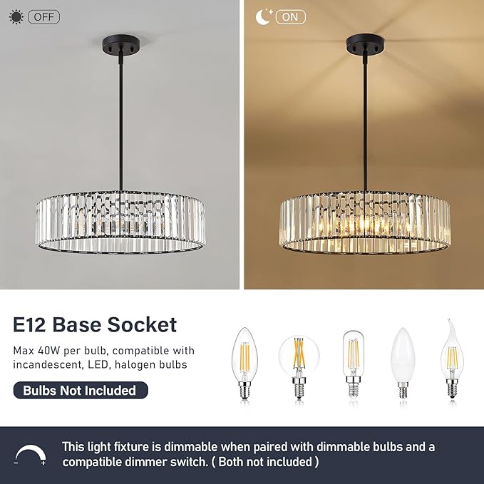 YURNYQ Black Crystal Chandelier for Dining Room, 6-Light Modern Semi Flush Mount Chandelier Lighting Fixtures, Round Kitchen Hanging Drum Pendant Lights Ceiling for Living Room Bedroom Foyer, 19.6Inch