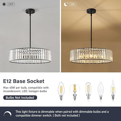 YURNYQ Black Crystal Chandelier for Dining Room, 6-Light Modern Semi Flush Mount Chandelier Lighting Fixtures, Round Kitchen Hanging Drum Pendant Lights Ceiling for Living Room Bedroom Foyer, 19.6Inch