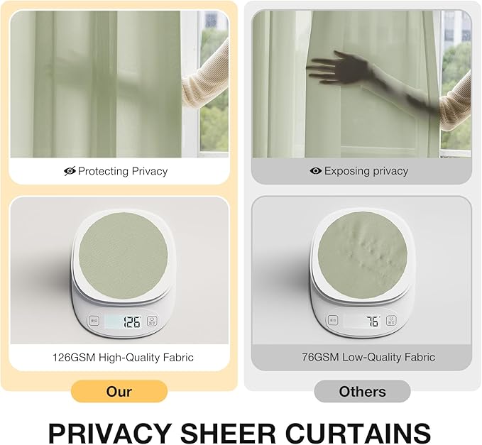 Anmao Non-See-Through Sage Green Privacy Semi Sheer Curtains for Living Room 80 Inch Length 2 Panels Set, Light Filtering That Let Light in Rod Pocket Window Drapes for Bedroom, 52W x 80L, Sage