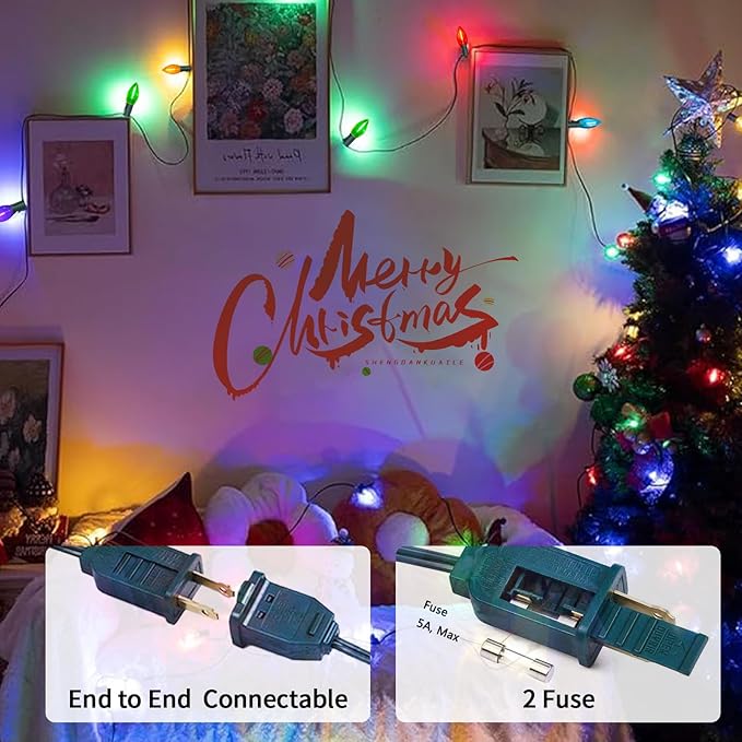 C9 Christmas Lights Outdoor, 25FT Waterproof Multicolor LED String Lights for Roofline Xmas Tree Patio Holiday Party Decor - UL Listed, Commercial Grade, Green Wire