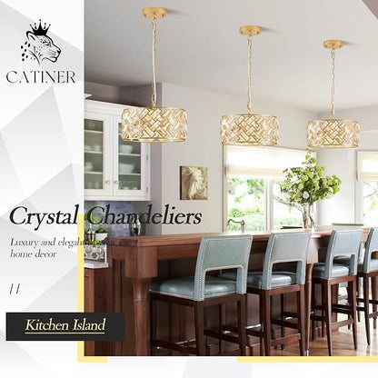 Modern Gold Crystal Chandeliers, Small Semi Flush Mount Chandelier 4-Ligh 12'' Drum Crystal Pendant Light Fixture for Foyer Entryway Kitchen Hallway Dining Room