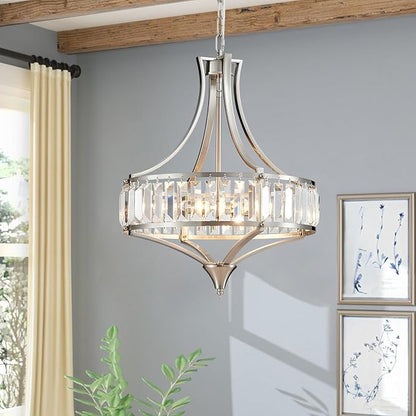 Crystal Chandeliers for Dining Room, Round Rustic Farmhouse Chandelier, Metal Shade, 4-Light Modern Brushed Nickel Chandelier for Hallway, Bedroom, Foyer