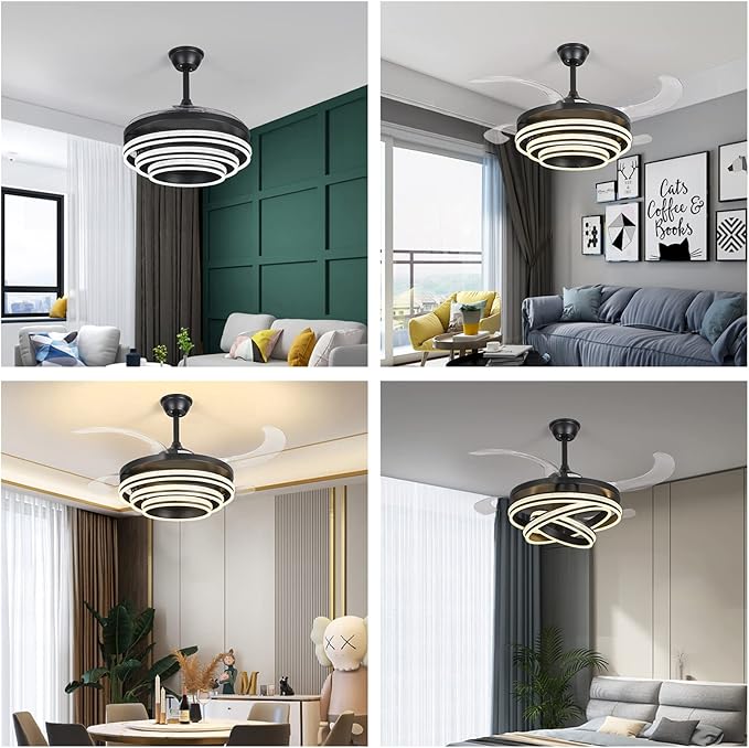 DatingDay 42" Invisible Ceiling Fan Chandelier Light,Modern Crystal DIY Ceiling Fan Light Remote Control 4 Retractable ABS Blades for Bedroom Living Dining Room Decoration (42", Black)