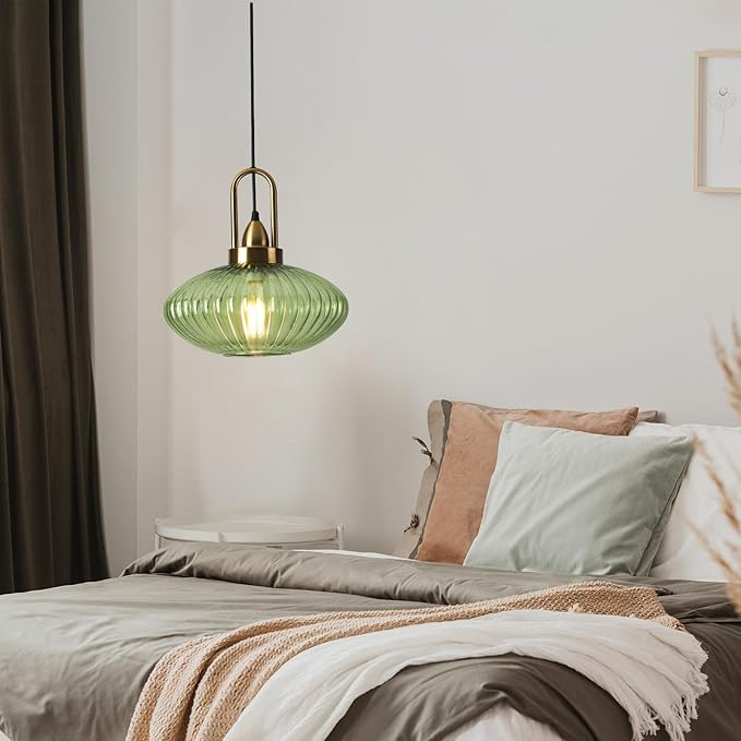 12 Inch Green Pendant Lights Vintage Chandelier Pendant Lighting Modern Mid Century Hanging Lights Adjustable Kitchen Island Light for Dining Room Bedroom Hallway