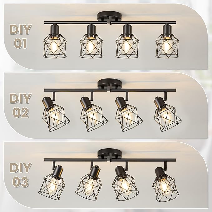 4-Lights Kitchen Track Lighting, Adjustable Multi-Directional Ceiling Light Fixtures, Rotatable Farmhouse Light Fixtures Mount with Metal Cage for Dining Room, Living Room, Bedroom, E26 Base