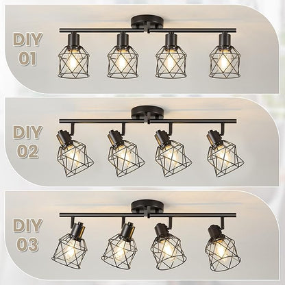 4-Lights Kitchen Track Lighting, Adjustable Multi-Directional Ceiling Light Fixtures, Rotatable Farmhouse Light Fixtures Mount with Metal Cage for Dining Room, Living Room, Bedroom, E26 Base