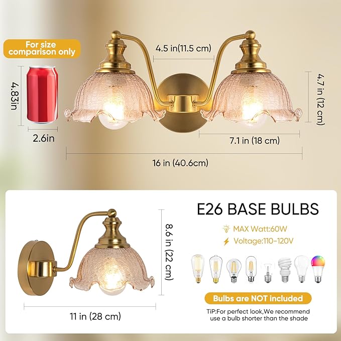 Bathroom Vanity Lights, 2 Light Bathroom Vanity Light with Floral Amber Glass Shades, Gold Vanity Light for Bedside Tables bathrooms vanities E26 (Bulb Not Included)