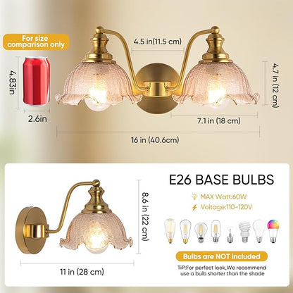 Bathroom Vanity Lights, 2 Light Bathroom Vanity Light with Floral Amber Glass Shades, Gold Vanity Light for Bedside Tables bathrooms vanities E26 (Bulb Not Included)