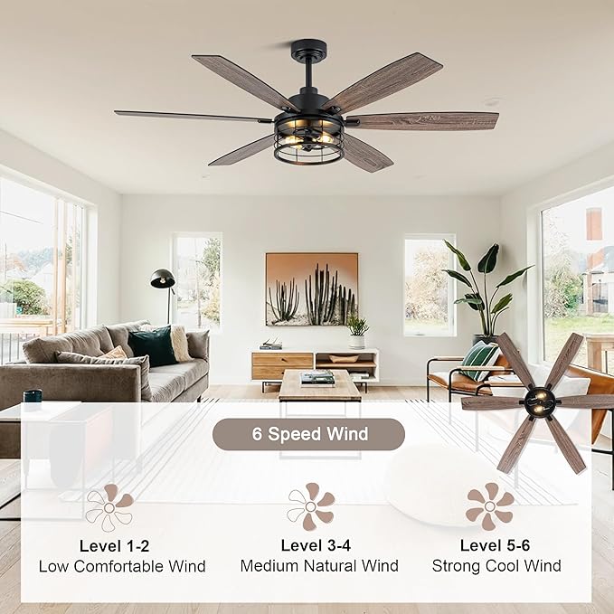 Farmhouse Ceiling Fan with Lights and Remote Large Rustic Ceiling Fan Caged Fandelier Industrial Chandelier Light, Reversible Quiet DC Motor 6 Speed for Indoor Outdoor (Industrial, 60 Inch)