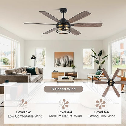 Farmhouse Ceiling Fan with Lights and Remote Large Rustic Ceiling Fan Caged Fandelier Industrial Chandelier Light, Reversible Quiet DC Motor 6 Speed for Indoor Outdoor (Industrial, 60 Inch)
