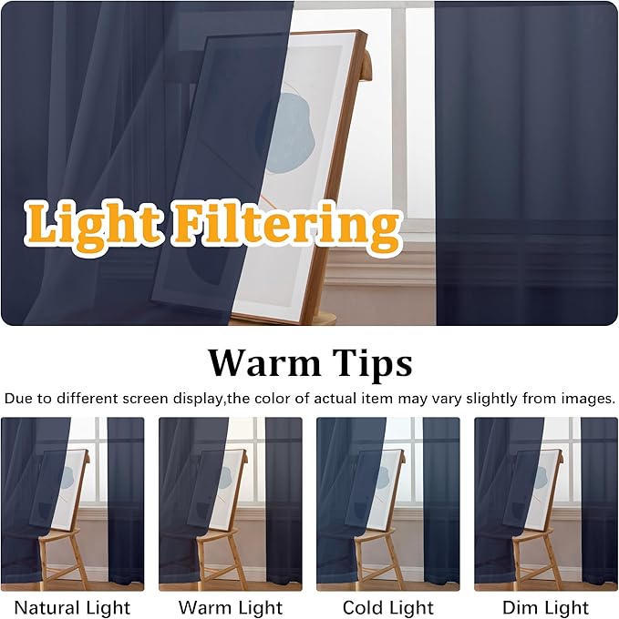 Gwine Navy Blue Sheer Curtains 84 Inches Long 2 Panels Set for Living Room, Rod Pocket Voile Bedroom Curtains, Light Filtering Solid Window Sheer Panels, Each 42" Wx84 L