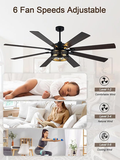 72 Inch Ceiling Fan with Lights and Remote Large Farmhouse Ceiling Fan Black Caged Fandelier Industrial Rustic Chandelier Light, Reversible Quiet DC Motor 6 Speed for Indoor Outdoor