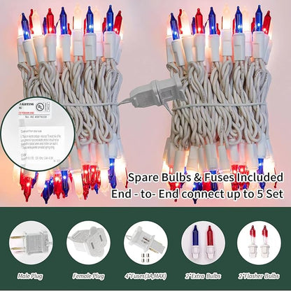 LAMPHOME Red White Blue String Lights, 63.8Ft 300 White Wire Fairy Lights, 4th of July Patriotic Lights, Memorial Day Outdoor Fairy Lights for Independence Day Patriotic Decor