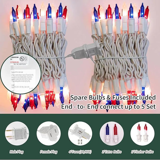 LAMPHOME Red White Blue String Lights, 63.8Ft 300 White Wire Fairy Lights, 4th of July Patriotic Lights, Memorial Day Outdoor Fairy Lights for Independence Day Patriotic Decor