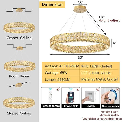 Modern Ring Chandelier, Crystal Chandeliers for Dining Room Round Ceiling Light Fixture for Living Room Bedroom Lighting LED Dimmable with Remote Ring Lights, 32inch Gold Light